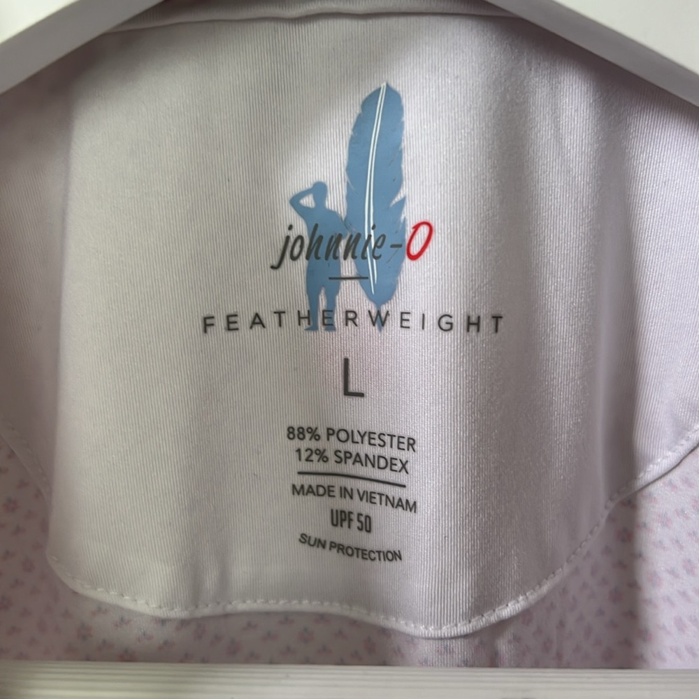 johnnie-O Featherweight UPF50 white Pink blue Golf Shirt Custom Embroider Sz L - Picture 5 of 7